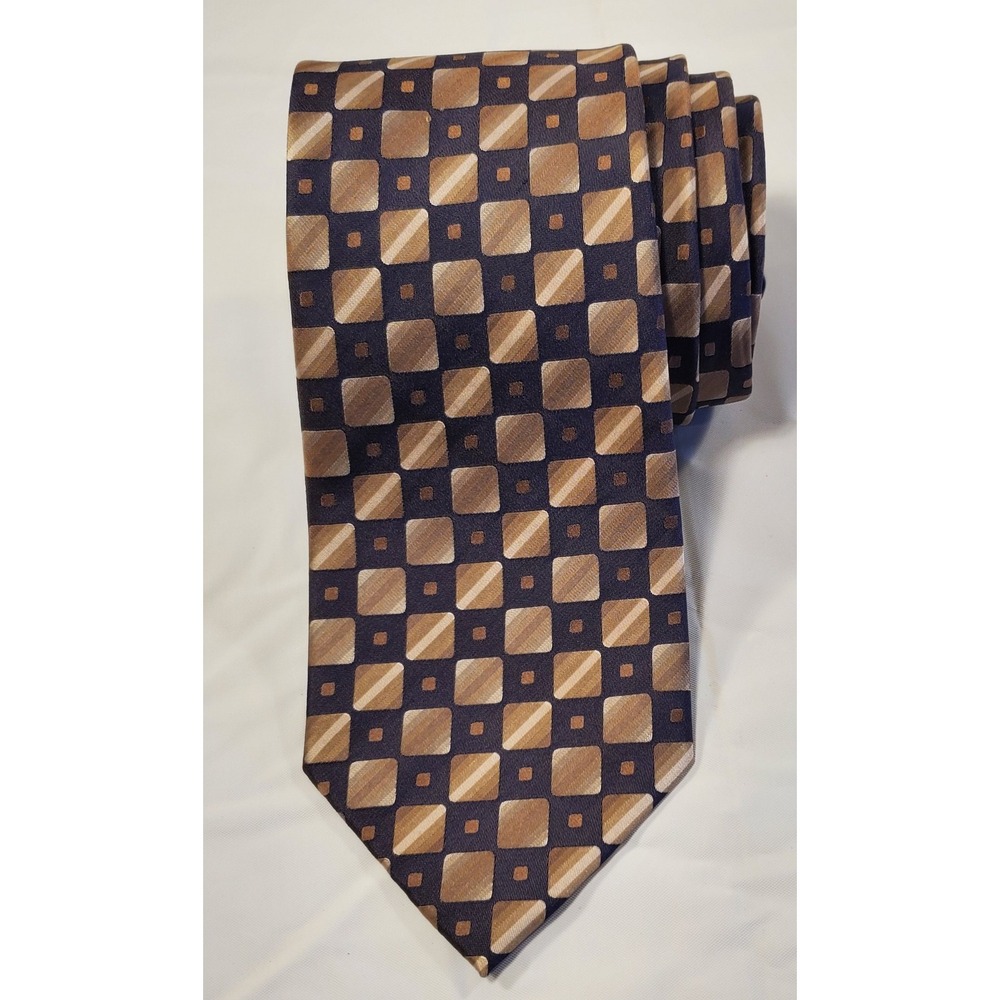 VAN HEUSEN Stain Resistant Handmade 100% Silk Tie  Blue Abd Gold‎ Squares